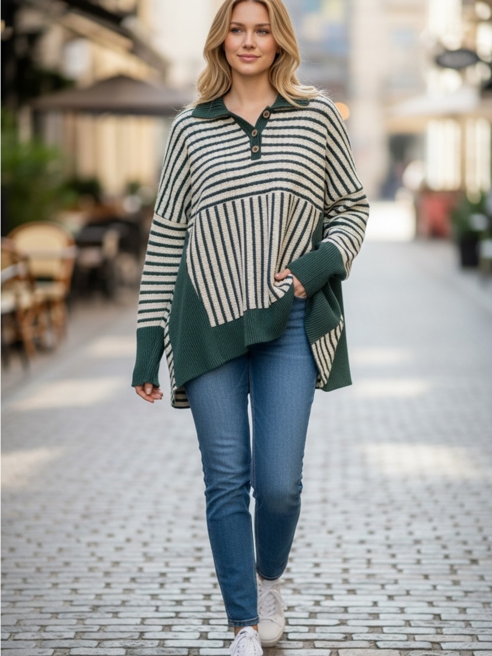 Striped Green & Cream Knit Pullover Sweater by MOCO Boutique
